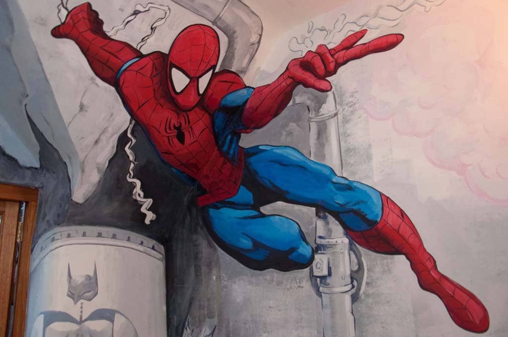 Spiderman superheroes bedroom mural hand painted by graffiti artist. 